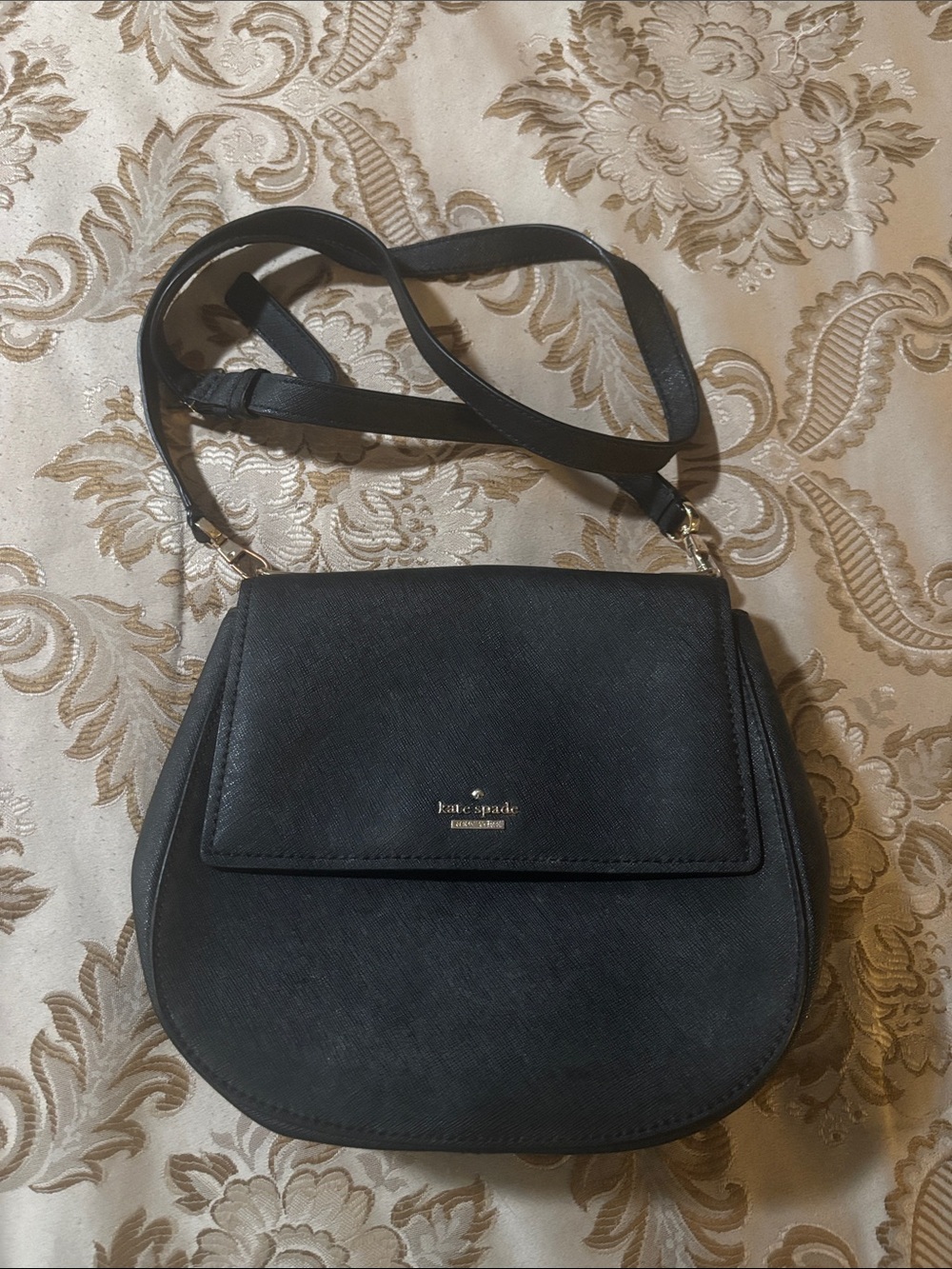 kate spade Black Saffiano Crossbody Saddle Bag with Gold Logo